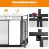 3-Panel Folding Wrought Iron Fireplace Screen with Doors and 4 Pieces Tools Set